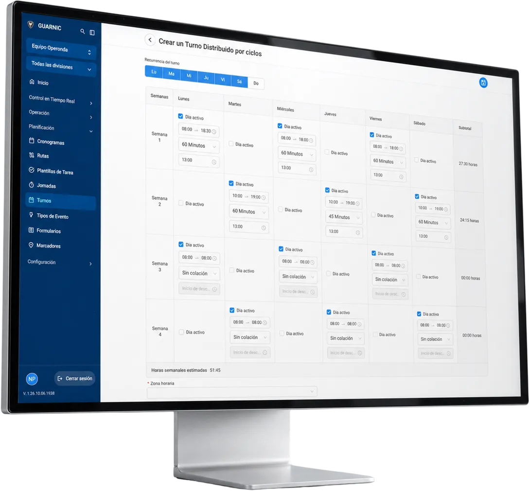 Monitor con la configuración de turnos distribuidos por ciclos para personal de seguridad