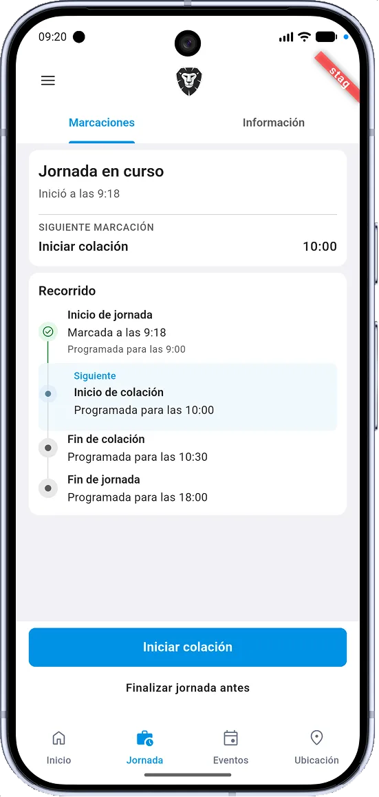 Aplicación móvil de Guarnic con las marcaciones y etapas de la jornada