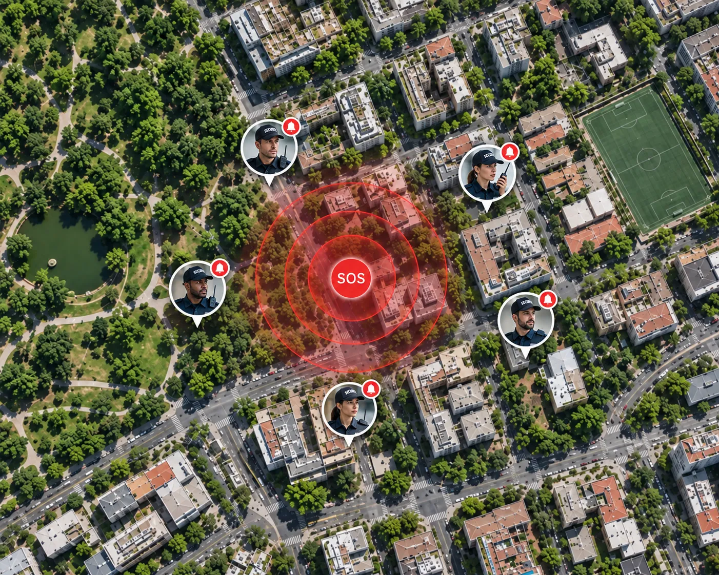 Personal de seguridad utilizando un teléfono durante un recorrido