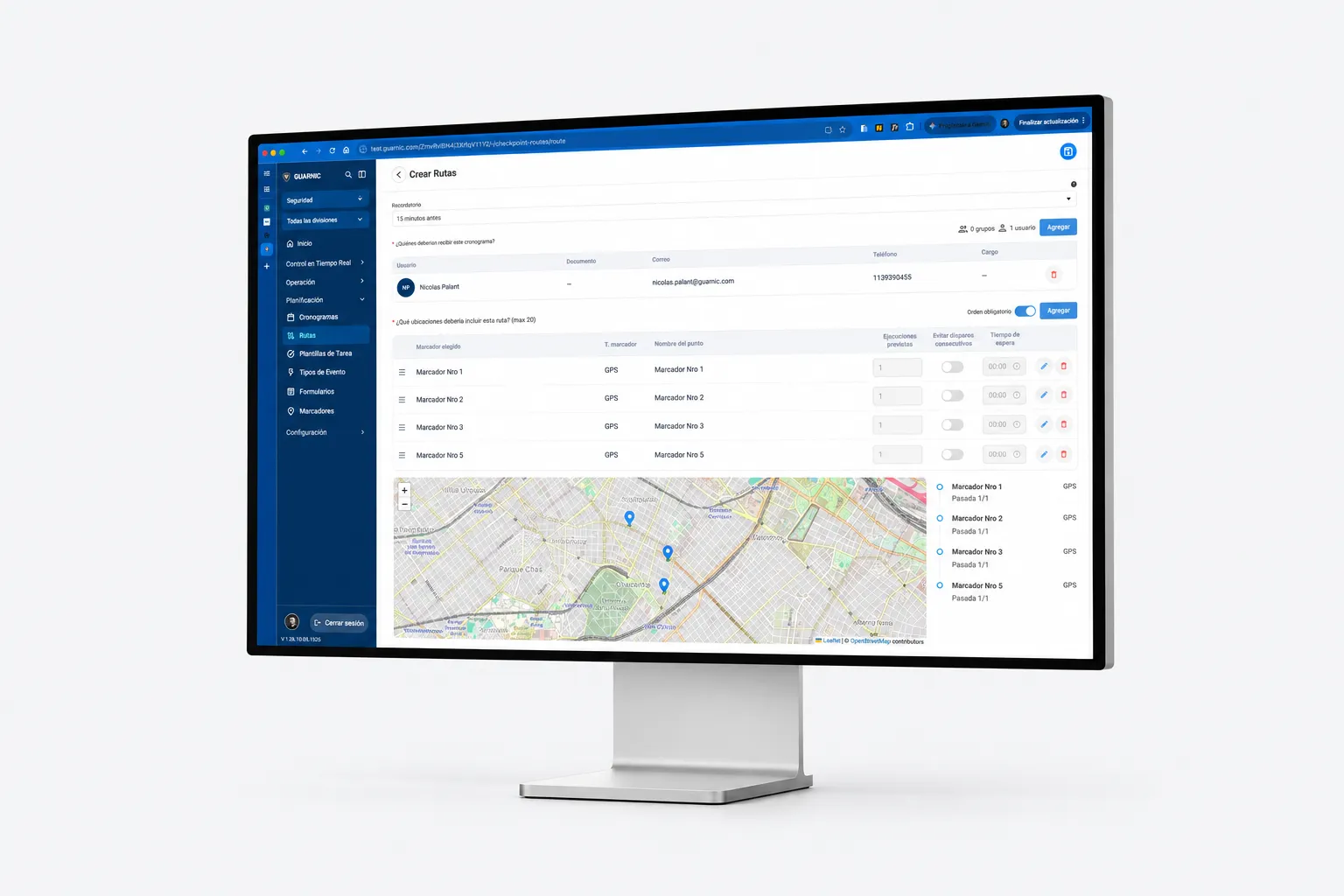 Monitor con la configuración de una ruta de ronda y sus puntos de control