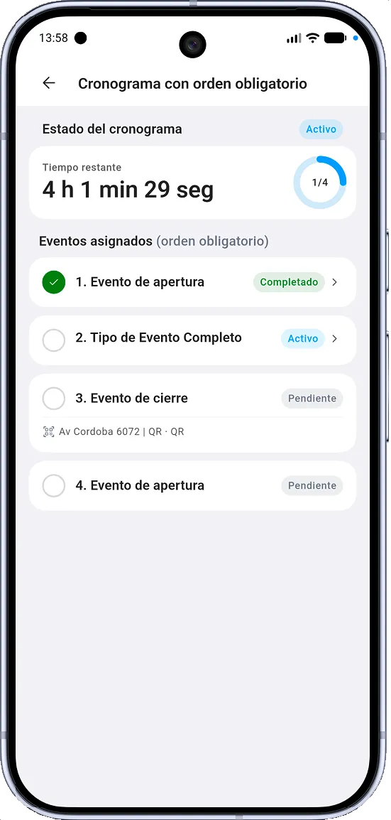 Aplicación móvil con el estado y los puntos asignados de una ronda de seguridad